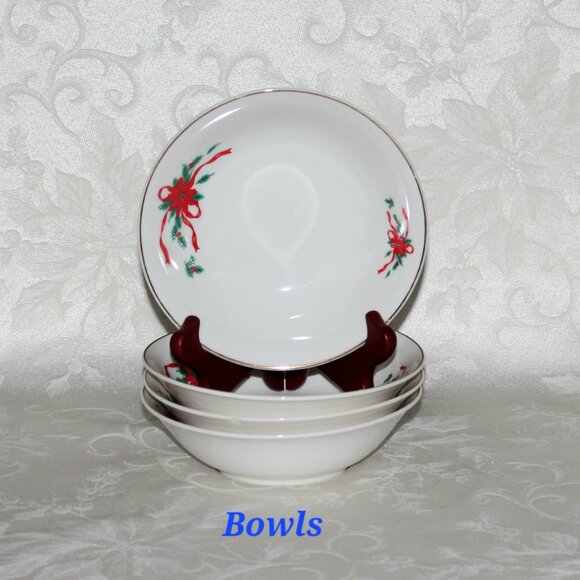 Christmas Poinsettia Dinnerware Set | Holly Berries & Red Ribbon - Picture 4 of 9